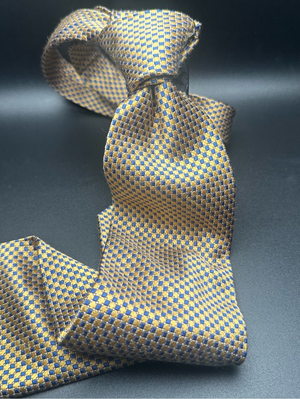 Bruno Piattelli — Gold & Blue Micro-Check Silk, Extra Long